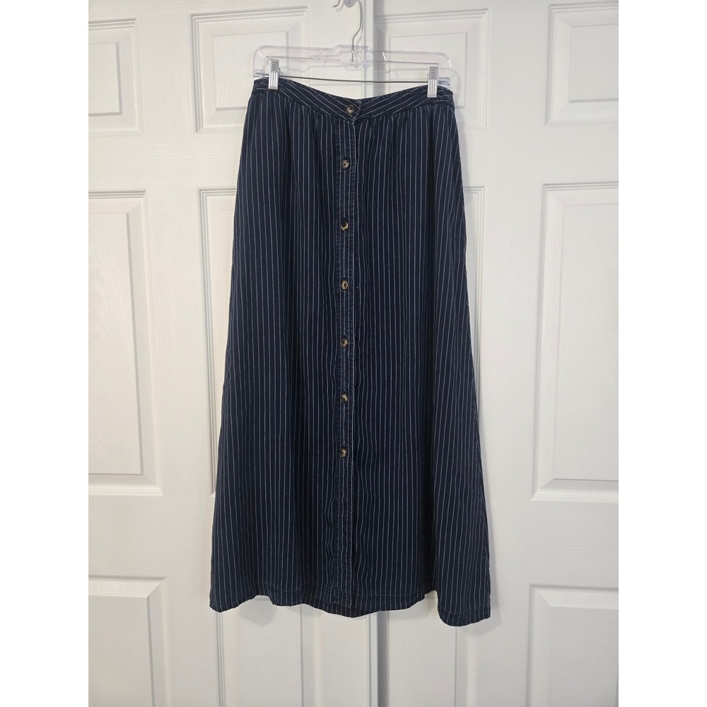 NYDJ Womens Pinstripe Denim Maxi Skirt Size 6 Blue White Button Front Pockets